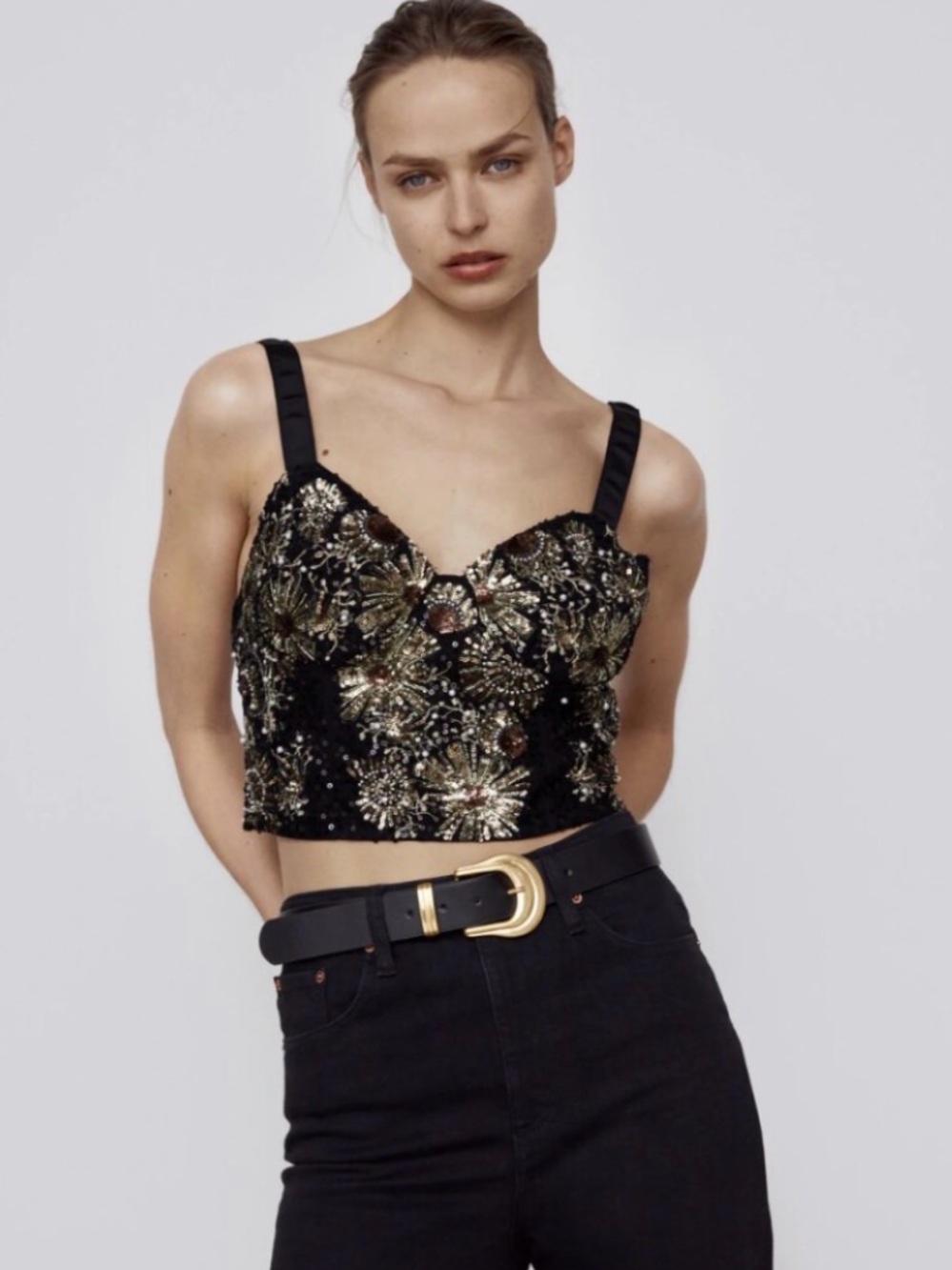 Zara Black Crop Top with Gold Sequin Floral Embroidery